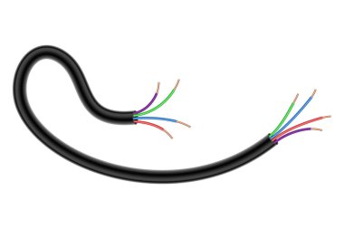 Broken electrical copper wire or cord. Damaged electric power cable. Torn wire with bare wire. Danger electric problem. Color electricity cable. Vector illustration isolated on white background.