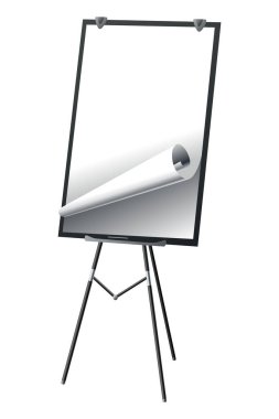 Flipchart mockup. Presentation and seminar whiteboard with blank paper sheets. Flip chart on tripod with space for text, vector illustration isolated on white background.