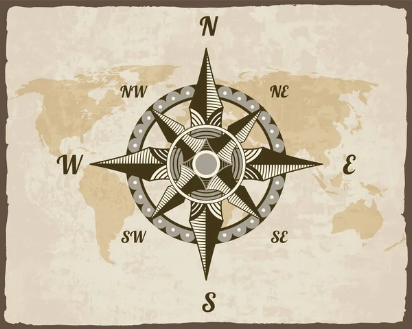 レトロな航海コンパス 地図の背景に手描き風が上がった 海洋テーマと紋章のための古いベクトルデザイン要素 海の航海のための風のヴィンテージローズ — ストックベクタ