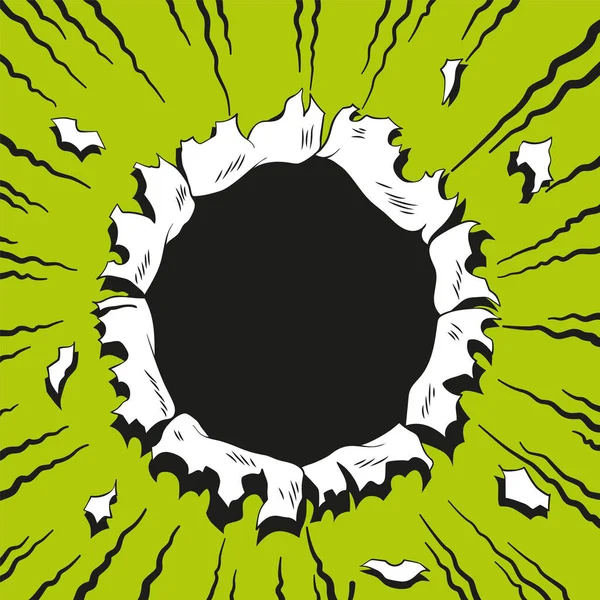 コミック本の穴 ベクトルペーパーはブーム爆発によって引き裂かれる 緑色の背景の真ん中に円の穴 漫画風カバーテンプレートまたはチラシ Alliphonewallpapers Net — ストックベクタ