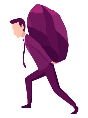 Businessman with boulder vector illustration. Stressed mans carry heavy stone on shoulder overwhelmed with problem or task. Crisis problem of business people, burden, challenge, conquering concept.