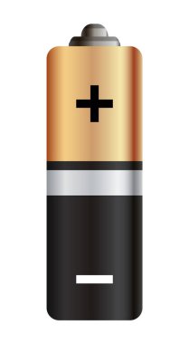 Batarya. Parlak altın ve siyah gerçekçi alkali ya da şarj edilebilir pil. Markalaşma için boş model şablonu tasarla. Beyaz üzerine izole edilmiş vektör grafik ögesi.