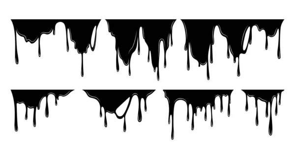 Farbtropfflüssigkeitsset Vorhanden Fließender Ölfleck Set Aus Schwarzen Tropfen Abstrakte Fliessschablone — Stockvektor