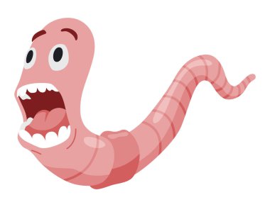 Komik solucan. Pembe böcek korktu. Toprak solucanı çizgi film karakteri, vahşi yaşam. Çocuklar için illüstrasyon böceği.