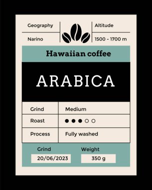 Coffee label mockup. Food package cover design. Caffeine roasted beans packaging. Vintage pack label emblem with minimalistic graphic grid layout. Vector brand tag.
