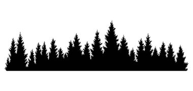 Fir trees silhouettes. Coniferous spruce horizontal background patterns, black evergreen woods vector illustration. Beautiful hand drawn panorama with treetops forest. Black pine woods. clipart