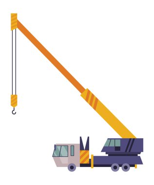 Hoisting crane icon. Construction crane. Equipment in flat style. Yellow industrial heavy machine. Lifter doing heavy lifting.