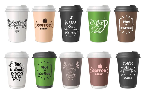 Koffie Kopjes Belettering Set Zin Koffie Mee Nemen Typografie Citaat — Stockvector