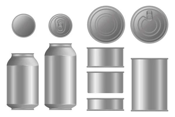 Metallic Tin Can Food Front Top Bottom View Vector Realistic — Stock Vector