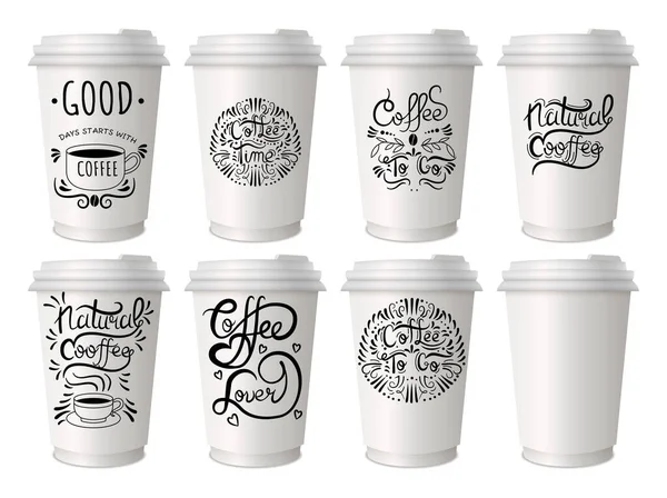 咖啡在一次性杯子上刻有字母 让出的徽章引用了文字集 热点街头饮料纸板包装塑料或纸帽多样性 时尚而明亮的涂鸦风格 — 图库矢量图片
