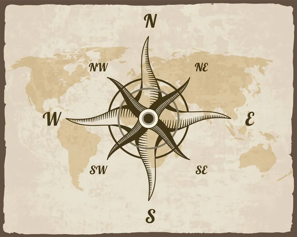 レトロな航海コンパス 地図の背景に手描き風が上がった 海洋テーマと紋章のための古いベクトルデザイン要素 海の航海のための風のヴィンテージローズ — ストックベクタ
