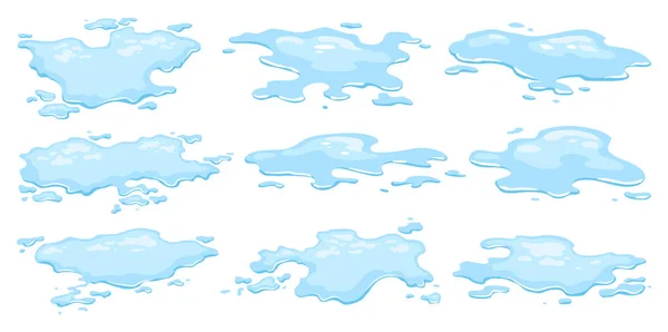 Water Spill Puddles Set Blue Liquid Various Shape Flat Cartoon — Stock Vector