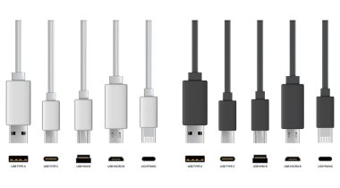 Usb kablo bağlantıları. Beyaz ve siyah kablolar için gerçekçi telefon kriko setleri. Modern elektronik cihazlar için bilgi yüklemek veya iletmek için kablo.