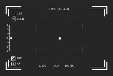 Viewfinder video kaydı. Kamera ekrana odaklanıyor. Video çekim parametreleri olan siyah ekran kamera, görüntü kalitesi göstergeleri. Modern blogcular için dijital yakınlaştırma kaydı, vektör illüstrasyonu.