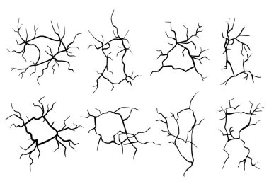 Arazi çatlakları, beyaz arka planda izole edilmiş deprem yüzünden kara yüzeyinde kırıklar. Gerçekçi bir yarık kümesi, felaket ya da kuraklık çatlakları, siyah çatlaklar üst görünüm.