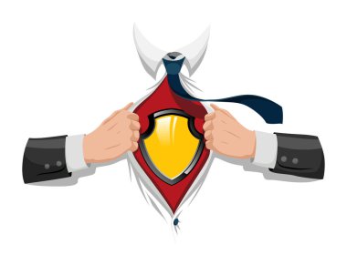 Opening shirt superhero. Office worker or businessman tearing his shirt to show symbol in flat cartoon style. Business success concept in pop art comic style. Vector illustration.