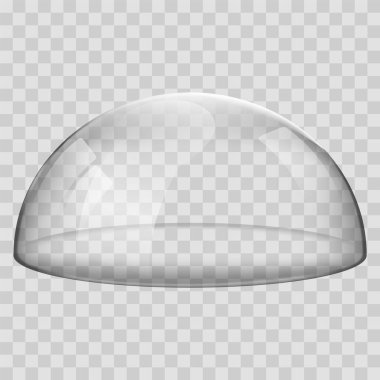 Glass dome. 3D Realistic spherical kitchen utensils, laboratory or exhibition case. Vector isolated glossy shape of showcase safety on transparent background.