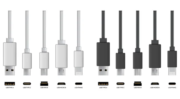 美元电缆连接器 现实的向量集电话千斤顶的电缆白色和黑色的颜色 为现代电子设备充电或传送信息的电缆 — 图库矢量图片