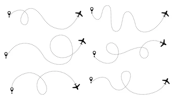 飛行機点線が設定されます 経路移動線の形状 航空機分離ベクトル図のための出発点とダッシュライントレースとフライトルート — ストックベクタ