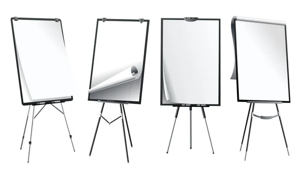 Flipchart Mockup Set Different Angles Presentation Seminar Whiteboard Blank Paper — Stock Vector
