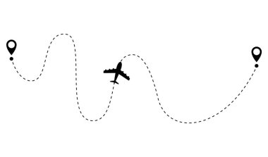Airplane dotted route line. Path travel line shape. Flight route with start point and dash line trace for plane isolated vector illustration.