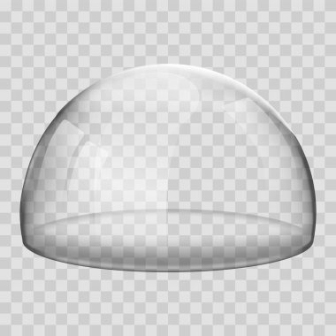 Glass dome. 3D Realistic spherical kitchen utensils, laboratory or exhibition case. Vector isolated glossy shape of showcase safety on transparent background.