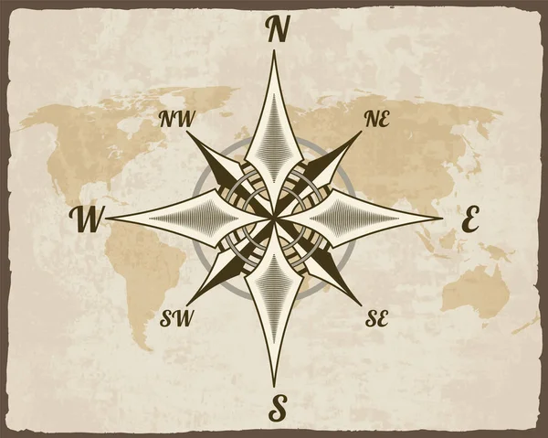 Retro Nautischer Kompass Handgezeichneter Wind Stieg Auf Dem Kartenhintergrund Auf — Stockvektor
