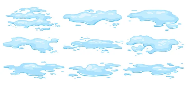 Derrame Água Poças Definidas Líquido Azul Várias Formas Estilo Cartoon — Vetor de Stock