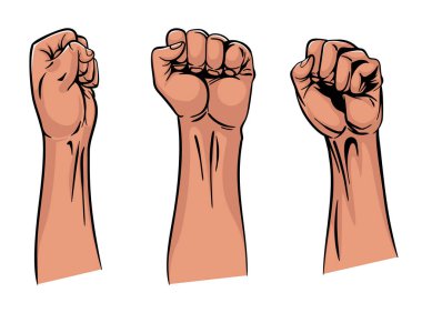 Yükselmiş yumruk hareketi amblemleri. Yumruk içinde vektör el yükseliyor, semboller beyaz arka planda izole edilmiş. Güç işaretleri. İnsan elleri havada..