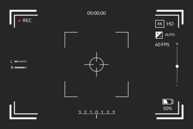 Viewfinder video kaydı. Kamera ekrana odaklanıyor. Video çekim parametreleri olan siyah ekran kamera, görüntü kalitesi göstergeleri. Modern blogcular için dijital yakınlaştırma kaydı, vektör illüstrasyonu.