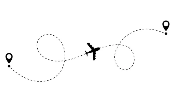 飛行機の点線 経路移動線の形状 航空機分離ベクトル図のための出発点とダッシュライントレースとフライトルート — ストックベクタ