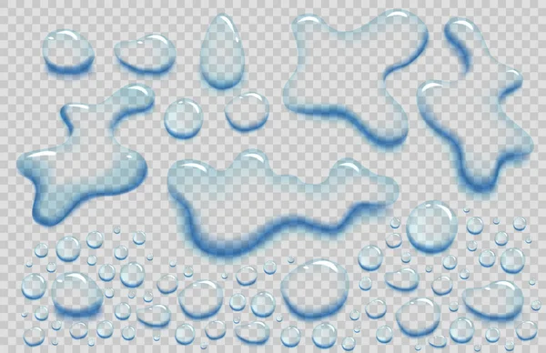 水滴がセットされます 液体のスプラッシュセット 湿式環境を表示します 透明な背景に隔離された水の流出またはアクア散乱滴 — ストックベクタ