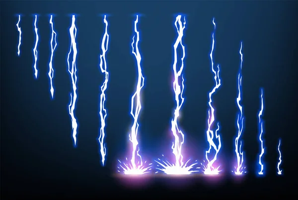 Blixtnedslag Animation Set Med Gnistor Elektricitet Åskvigg Fara Ljus Elektrisk — Stock vektor