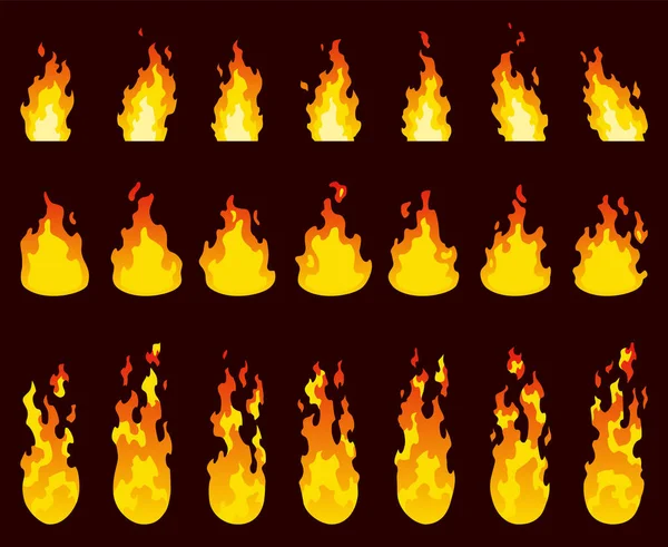 Tűz Animációs Sprite Vörös Narancssárga Tűzláng Különböző Formájú Lángok Gyűjteménye — Stock Vector