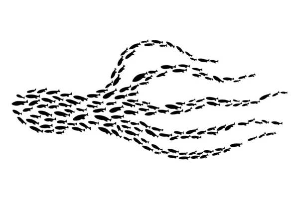 Рыбная Школа Косяк Векторный Силуэт Свалка Рыб Изолирована Белом Группа — стоковый вектор