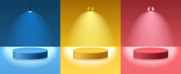 Lehké Pódium Závěsnými Lampami Bodová Světla Abstraktní Prázdná Místnost Sadou — Stockový vektor