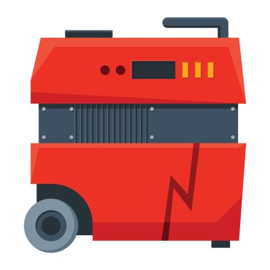 Portable electric power generator icon. Gasoline generator, emergency equipment. Energy generating backup equipment and electricity voltage source alternator machine. Cartoon vector illustration.