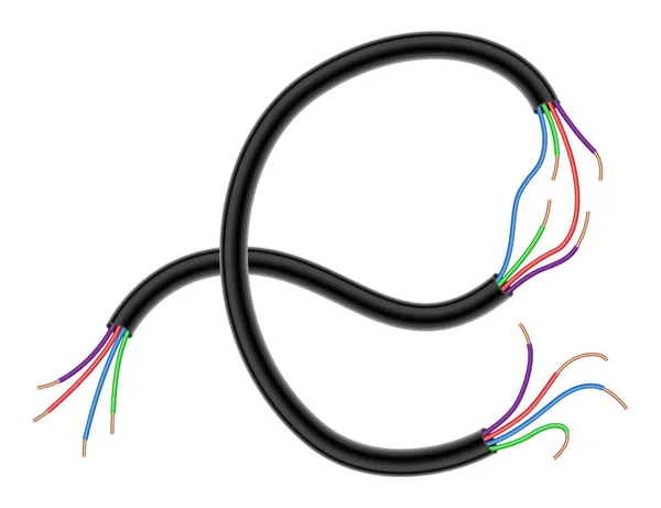 断开的电线或电线 受损的电力电缆 用裸金属丝扭曲金属丝 危险的电力问题 彩色电缆 在白色背景上孤立的向量图 — 图库矢量图片