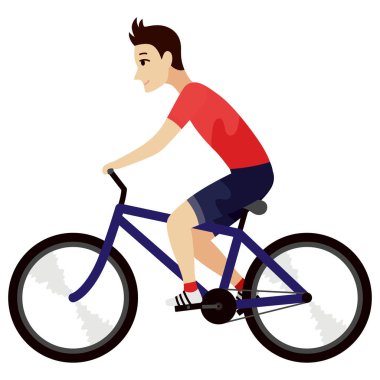 Bisiklet ya da binicilik ikonu. Oyun ya da çizgi film için animasyon ögesi. Bisikletli genç adam. Vektör illüstrasyonu.