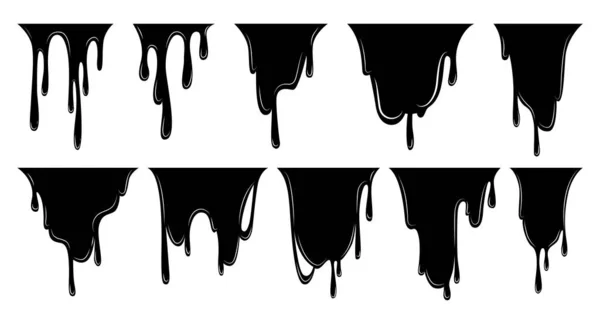Verf Druppelende Vloeistof Set Stromende Olievlek Een Set Zwarte Druppels — Stockvector
