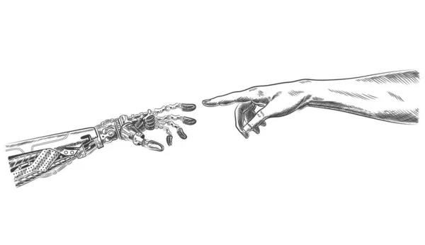 手のロボットと人間の指で触れる バーチャルリアリティや人工知能技術の概念 手描きスケッチのデザインイラスト — ストックベクタ