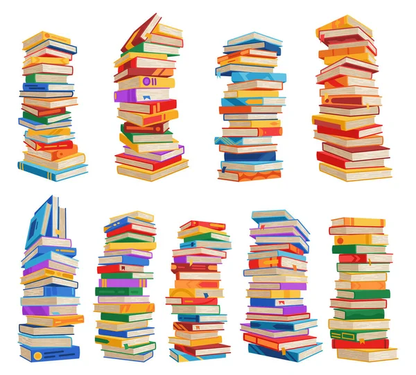 高书堆或堆叠图标集 图书馆的教科书和学校的文献堆积如山 书店做广告 卡通片堆叠成书的角度视图 不同色彩的封面隔离在白色上 — 图库矢量图片