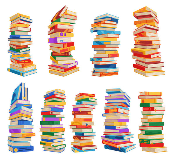 High book stacks or pile icon set. Library textbooks and school literature heaps, dictionaries. Bookstore advertise. Cartoon stacked books angle view with different colorful covers isolated on white.