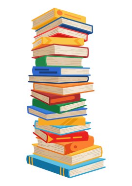 Yüksek kitap yığınları ya da yığın. Kütüphane ders kitapları, okul edebiyatı, sözlükler. Kitapçı reklamı. Çizgi roman yığınları beyaz üzerine izole edilmiş farklı renkli kapaklar ile açı görünümü.