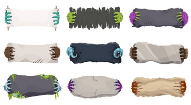 Pankart tutan canavarlar. Karakterler patileri, pençeleri parşömen tomarı tutan tüyler ürpertici parmaklar, ahşap tahta ve taş plaka, çizgi film vektör tasarımında kumaş parçası..