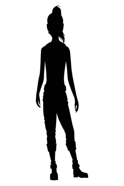 Frauensilhouette Mit Stilvoller Kleidung Vektor Stehende Menschen Schwarzer Farbe Isoliert — Stockvektor
