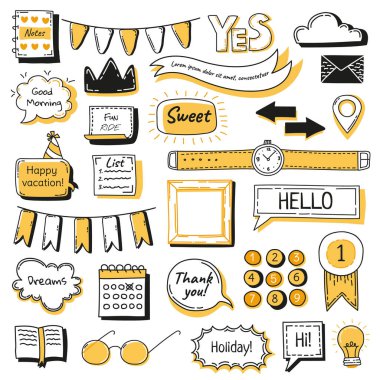 Günlük karalama simgeleri ayarlandı. Not defteri, günlük ve planlama için el yazması pankartlar ve elementler. Karalama stili. Vektör illüstrasyonu.