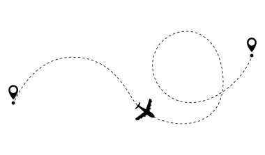 Airplane dotted route line. Path travel line shape. Flight route with start point and dash line trace for plane isolated vector illustration.