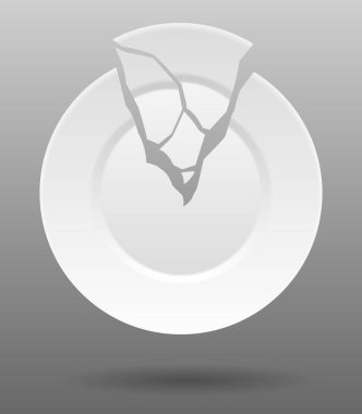 Kırık beyaz tabak. Parçalanmış yemek tabağı, çatlamış porselen tabak. Hasarlı bulaşık takımı. Beyaz arkaplanda simge izole edildi. Vektör illüstrasyonu.