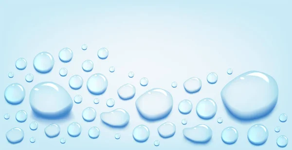 水滴がセットされます 液体のスプラッシュセット 湿式環境を表示します 青い背景に隔離された水の流出またはアクア散乱滴 — ストックベクタ